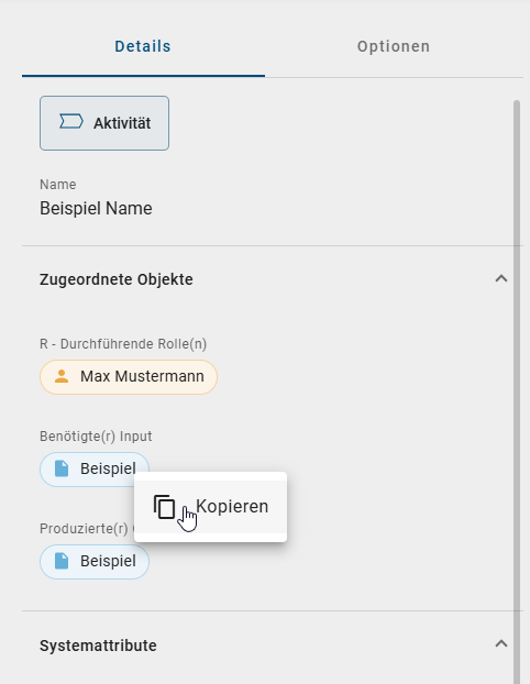 Der Screenshot zeigt die Schaltfläche "Kopieren" für ein Objekt in den Attributen eines Diagramms, nachdem Sie mit der rechten Maustaste auf das Objekt geklickt haben.