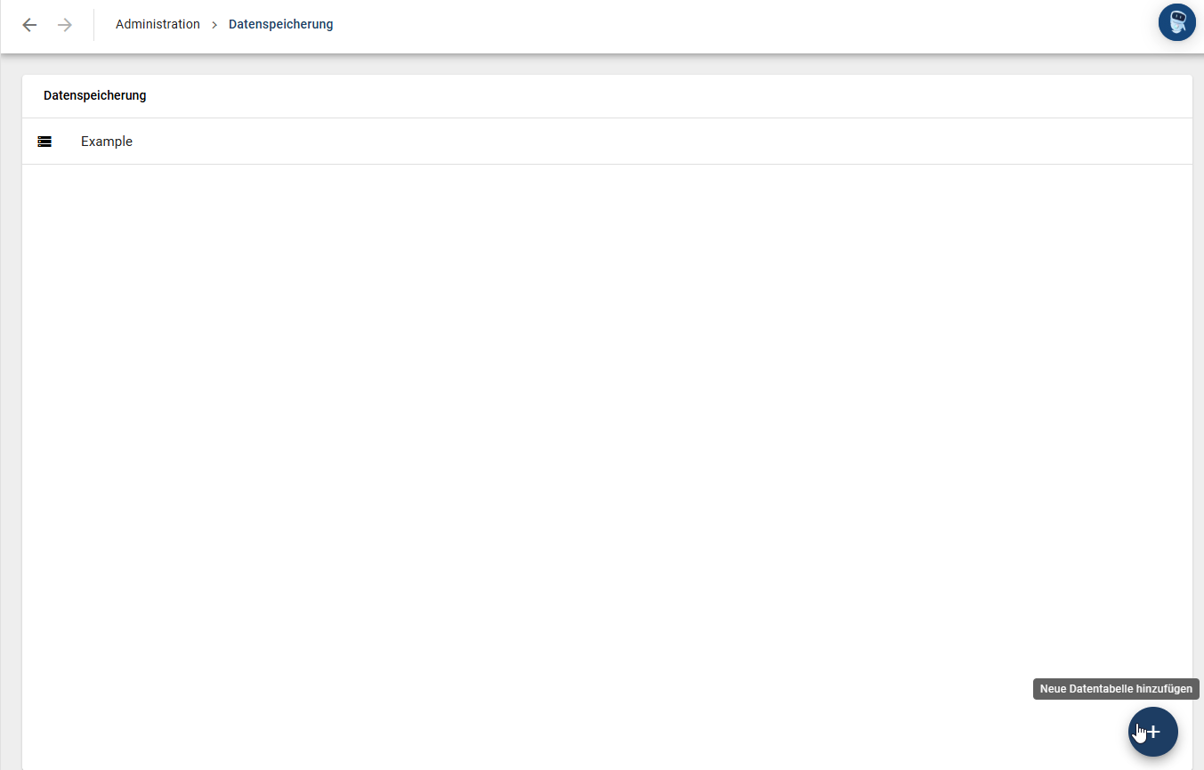 Der Screenshot zeigt die Schaltfläche "Neue Datentabelle hinzufügen" (Plus-Symbol).