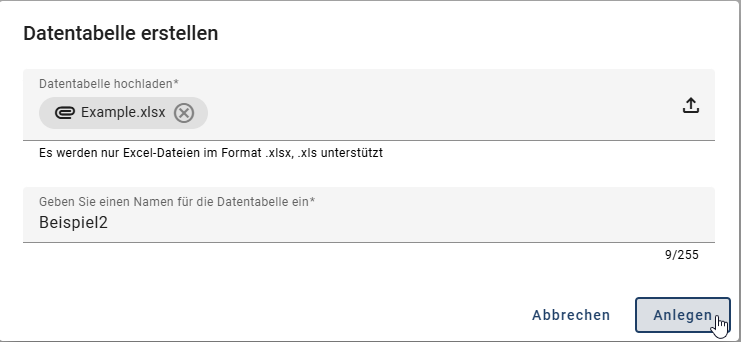 Der Screenshot zeigt den Dialog zur Erstellung einer Datentabelle.