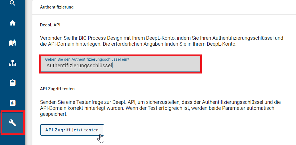 Der Screenshot zeigt die Authentifizierung der DeepL API in der Administration.