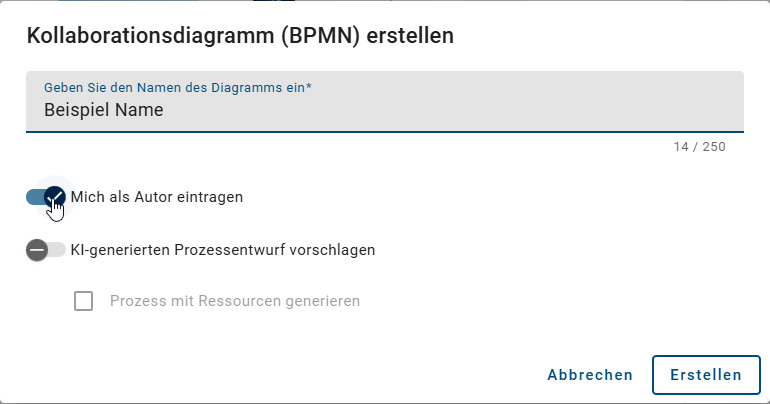 Der Screenshot zeigt den Schalter, mit dem Sie sich beim Erstellen eines Diagramms als Autor zuweisen können.