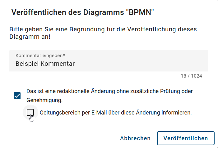 Der Screenshot zeigt das Dialogfenster, in dem Sie bestimmen können, ob der Geltungsbereich über die Änderung per E-Mail informiert werden soll.