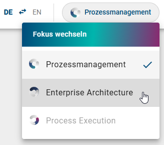 Der Screenshot zeigt das geöffnete Fokus-Drop-Down-Menü mit dem ausgewählten Fokus "Enterprise Architecture".