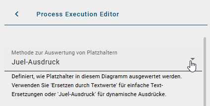 Der Screenshot zeigt Ihnen die Auswahl zwischen "JUEL-Ausdruck" und "String-Ersetzung" im Dropdown-Menü im oberen Bereich des "Process Execution Editors".