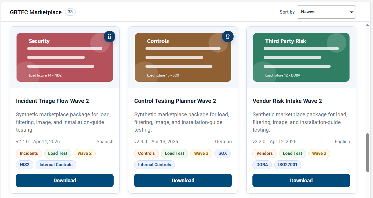 Der Screenshot zeigt die Inhaltskarten und die Option "Sortieren nach" im GBTEC Marketplace.