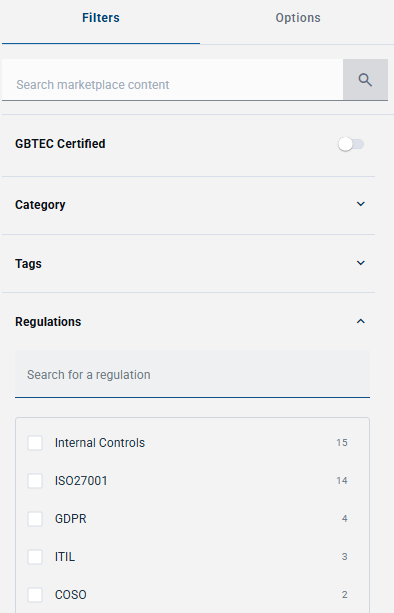 Der Screenshot zeigt den Filterbereich mit aufgeklappten Facettengruppen im GBTEC Marketplace.