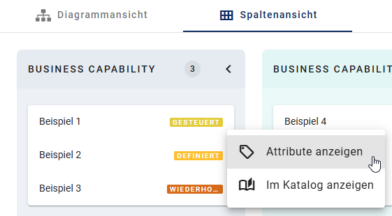 Dieser Screenshot zeigt, wie Sie über das Kontextmenü einer "Business Capability" in der "Spaltenansicht" direkt zu der Attributansicht in der rechten Seitenleiste in der Registerkarte "Details" gelangen.