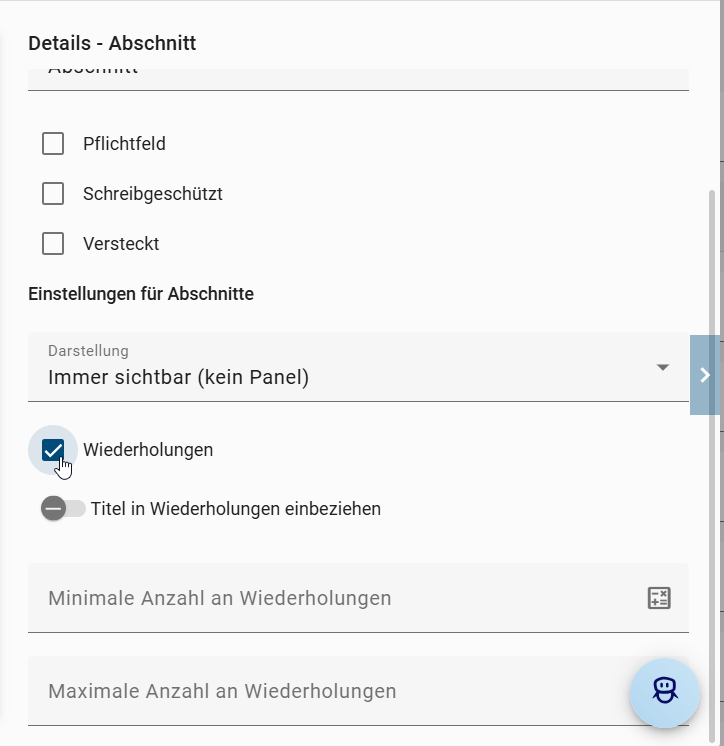 Der Screenshot zeigt, wie ein Abschnitt im Formular-Editor mit "Wiederholungen" markiert werden kann.
