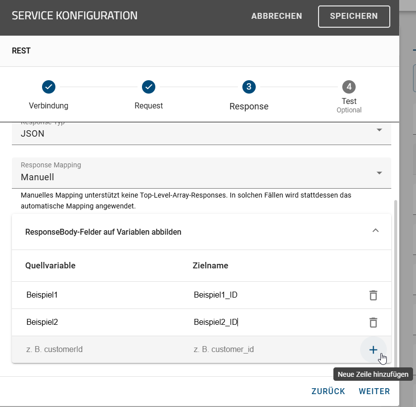 Der Screenshot zeigt die Möglichkeit neue Variablen im "Service Konfigurator" hinzuzufügen.