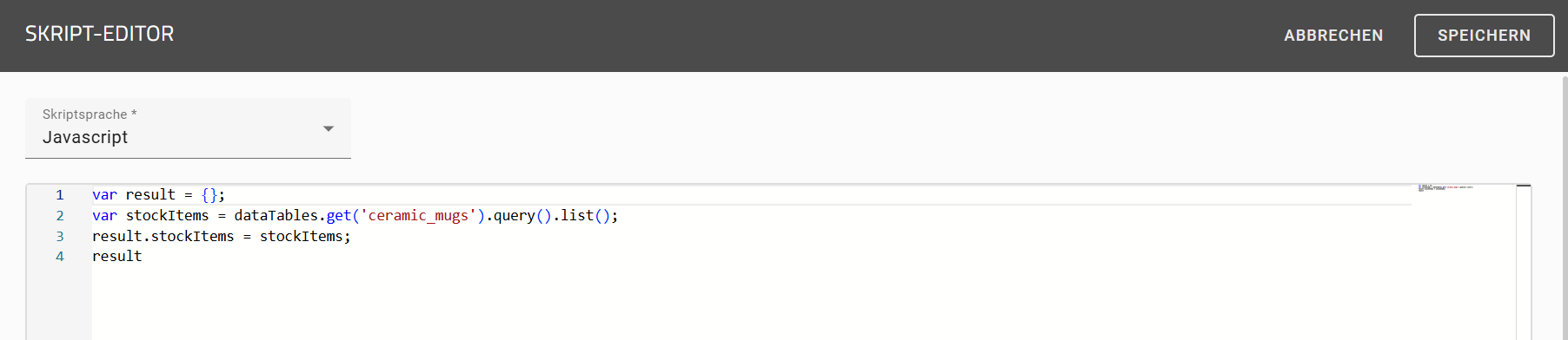 Der Screenshot zeigt, wie man mit „dataTables.get()“ Daten aus der Datentabelle abruft.