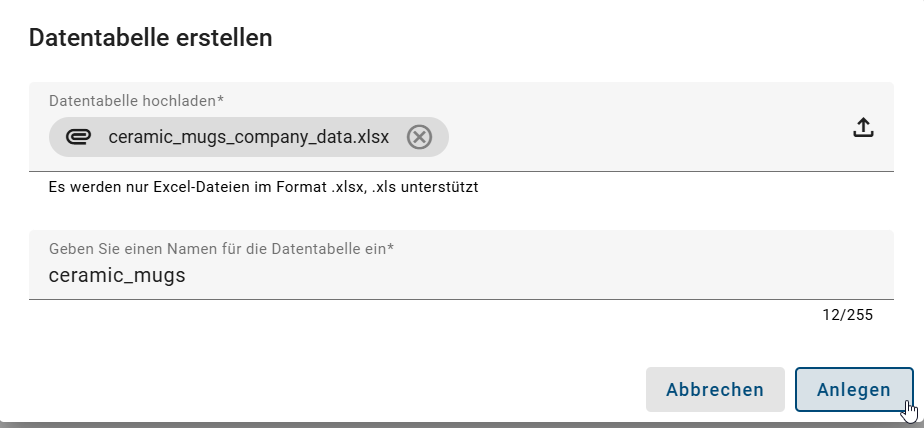 Der Screenshot zeigt, wie man die Datentabelle in BIC Process Execution benennt.