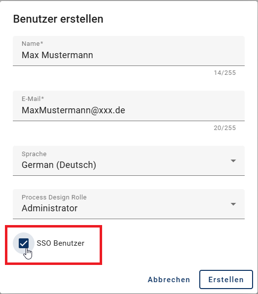 Der Screenshot zeigt die Checkbox eizum Erstellen eines SSO Benutzers.