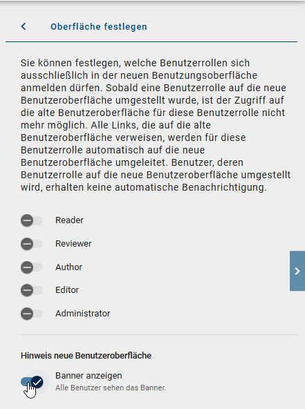 Der Screenshot zeigt die Option das Banner für die neue Benutzeroberfläche zentral zu steuern.