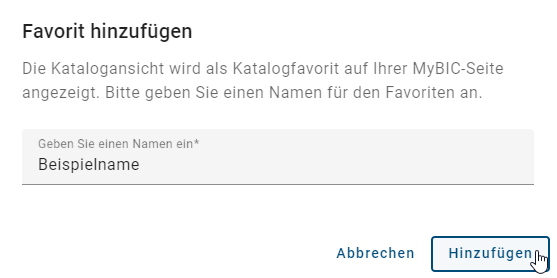 Der Screenshot zeigt das Dialogfenster für das favorisieren einer Katalogliste.