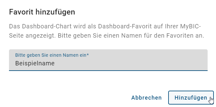 Der Screenshot zeigt das Dialogfenster für das Favorisieren eines Dashboardes.