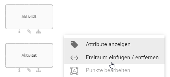 Der Screenshot zeigt den Eintrag "Freiraum einfügen/entfernen" im Kontextmenü.