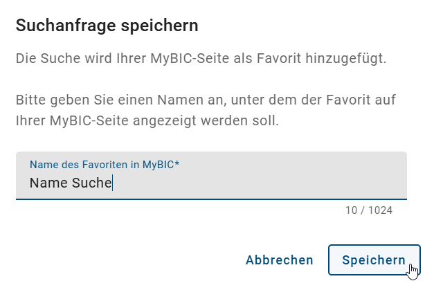 Der Screenshot zeigt ein Dialogfenster für ein favorisiertes Suchergebnis.
