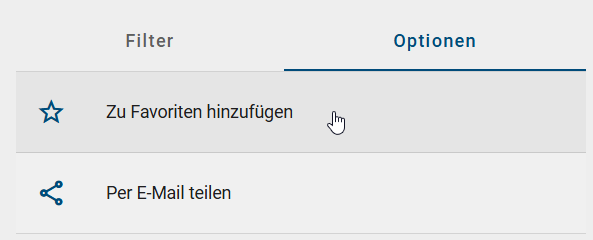 Der Screenshot zeigt die Option "Zu Favoriten hinzufügen" in der Registerkarte "Optionen" im Menüeintrag "Suche" für eine durchgeführte Suche.