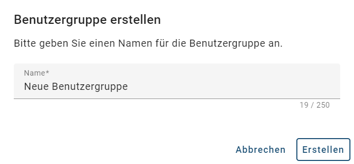 Der Screenshot zeigt das Dialogfenster für das Erstellen einer neuen Benutzergruppe.