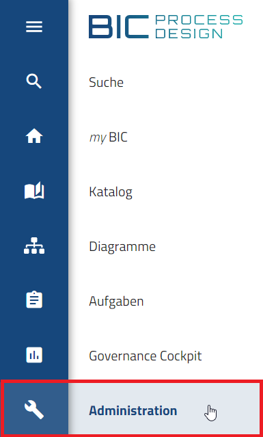 Der Screenshot zeigt den Eintrag Administration im Hauptmenü.