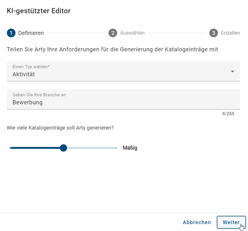 Der Screenshot zeigt im Dialogfenster den ersten Schritt für das Erstellen von KI-generierten Katalogeinträgen.