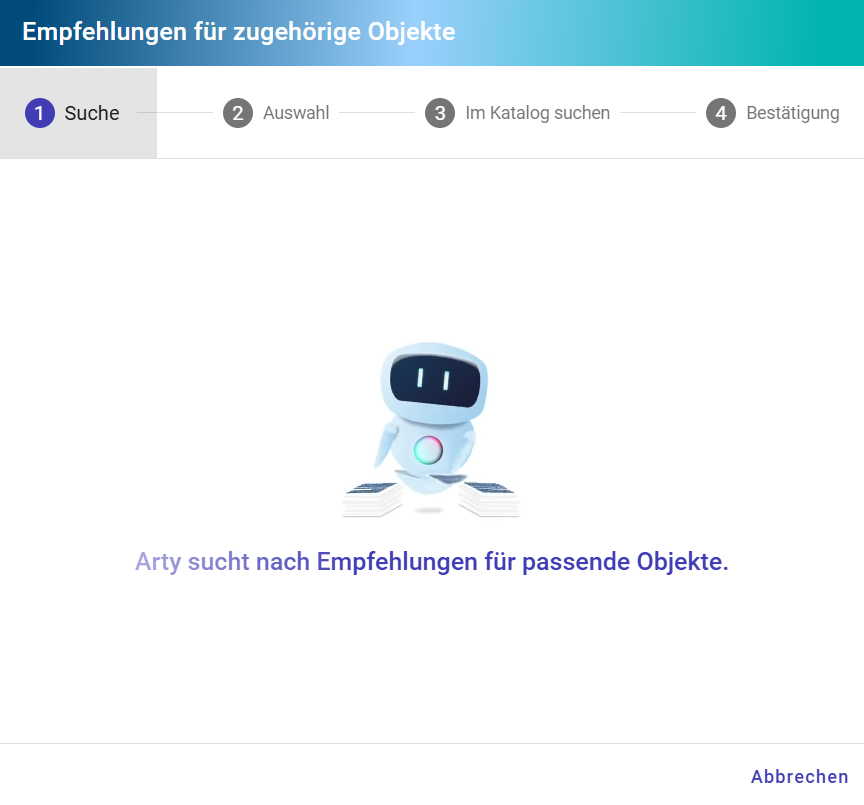 Der Screenshot zeigt den Ladebildschirm im ersten Schritt der Empfehlungssuche für passende Objekte einer EAM Kontextreferenz.