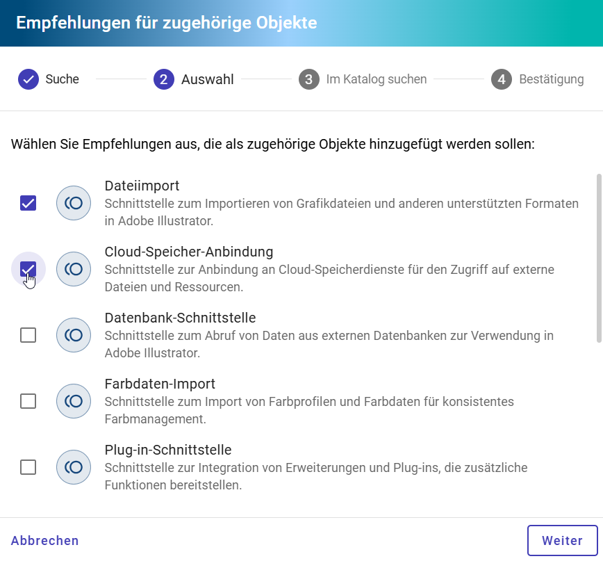 Der Screenshot zeigt die zur Auswahl bereitgestellten Objektempfehlungen für eine EAM Kontextreferenz.