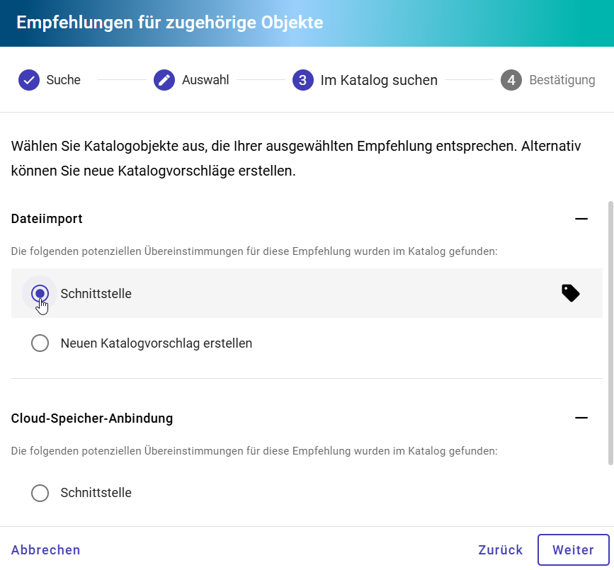 Der Screenshot zeigt die getroffene Auswahl der bereitgestellten Objektempfehlungen für eine EAM Kontextreferenz,