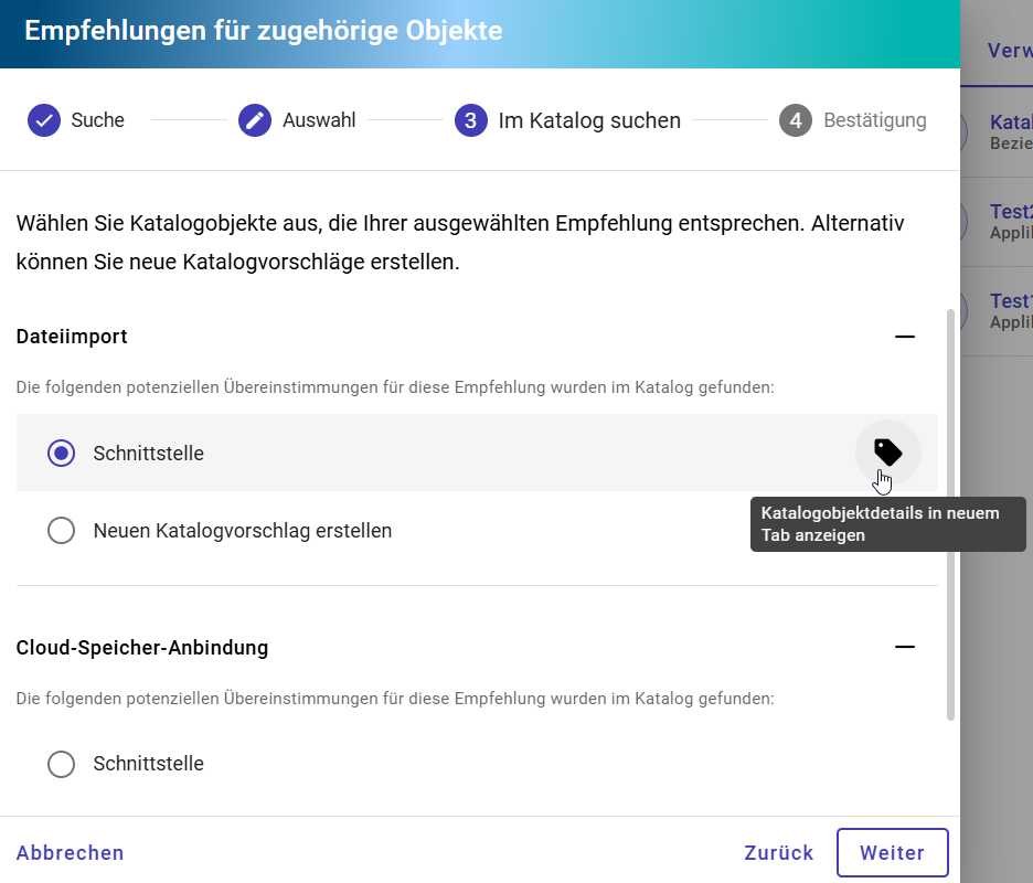 Der Screenshot zeigt die Schaltfläche "Katalogobjektdetails in neuem Tab anzeigen" für eine bereitgestellte Objektempfehlung für eine EAM Kontextreferenz.