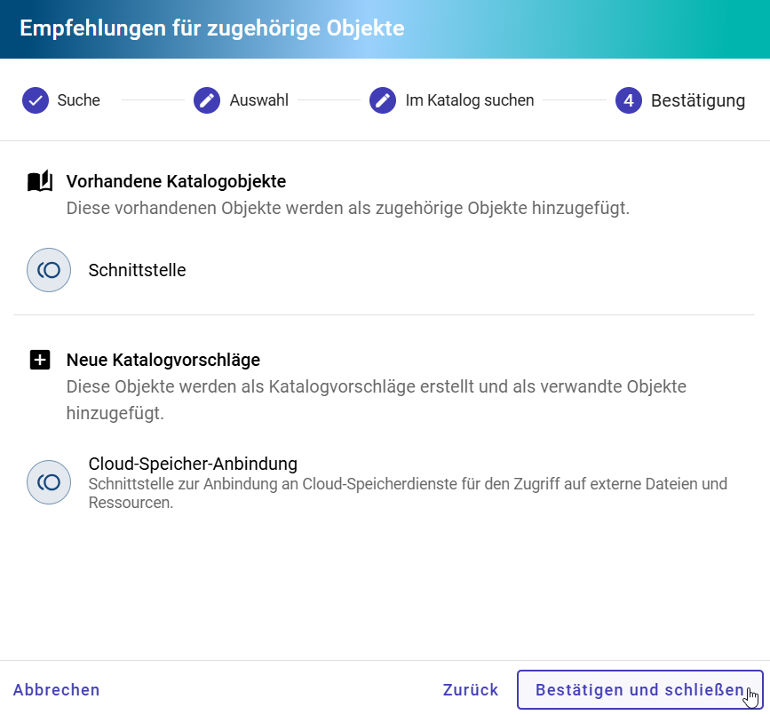Der Screenshot zeigt eine Zusammenfassung über die ausgewählten Objektempfehlungen für eine EAM Kontextreferenz.