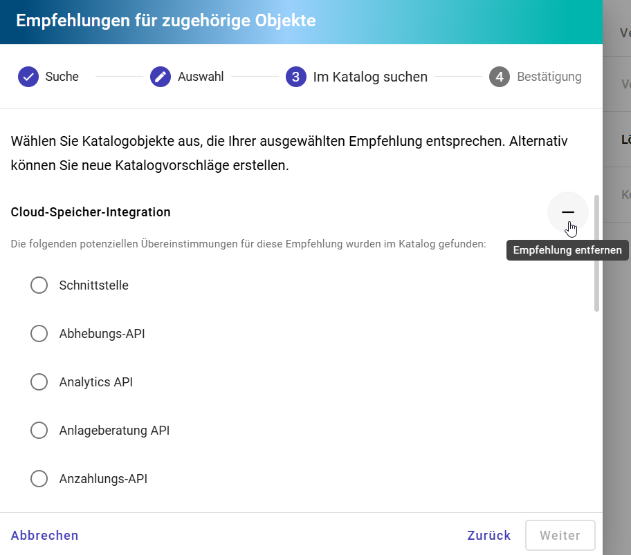 Der Screenshot zeigt die Schaltfläche "Empfehlung entfernen" für eine bereitgestellte Objektempfehlung für eine EAM Kontextreferenz.