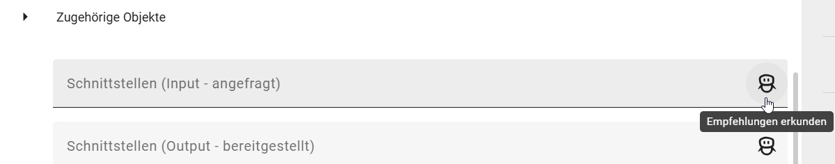 Der Screenshot zeigt die Schaltfläche "Empfehlungen erkunden" für ein zugehöriges Objekt in einer EAM Kontextreferenz.