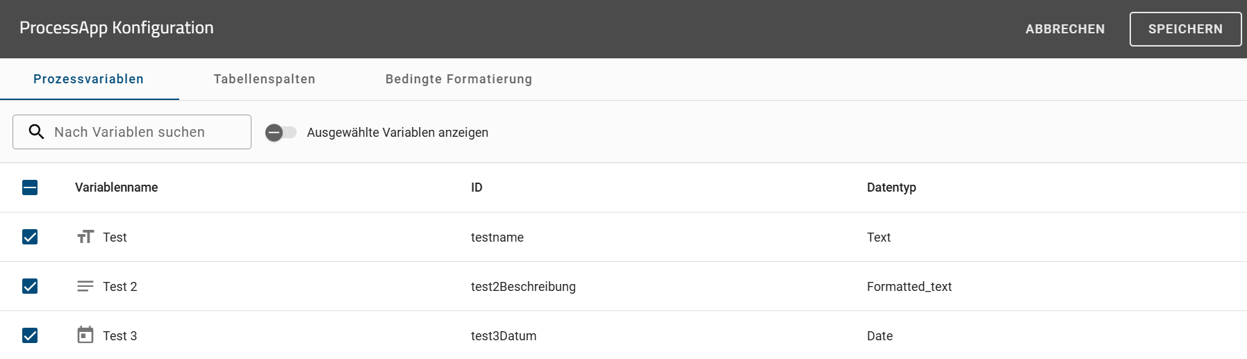 Der Screenshot zeigt die Auswahl der verfügbaren Prozessvariablen im Prozesseditor an.