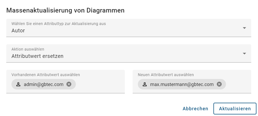 Der Screenshot zeigt das Dialogfenster für die Massenbearbeitung.