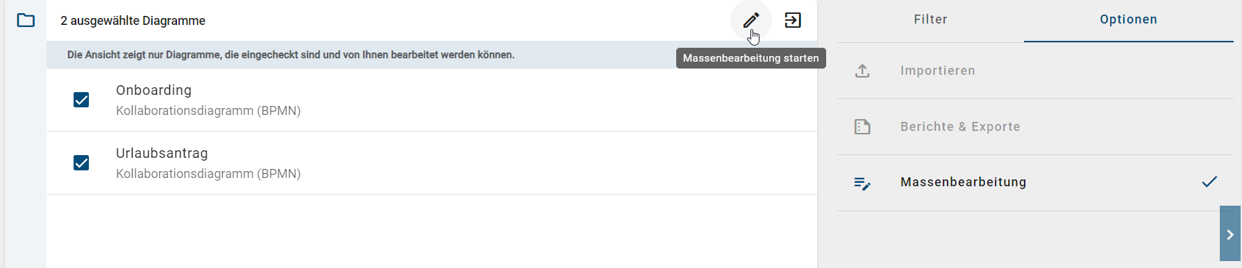 Der Screenshot zeigt die Option "Massenbearbeitung starten", nachdem Diagramme im Massenbearbeitungsmodus ausgewählt wurden.