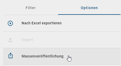 Dieser Screenshot zeigt die Option "Massenveröffentlichung" in der rechten Seitenleiste der Katalogliste.