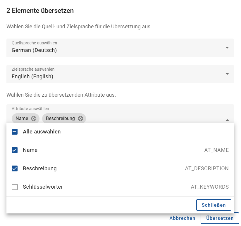 Der Screenshot zeigt den ausgefüllten Dialog, um eine Massenübersetzung für ausgewählte Elemente zu starten.