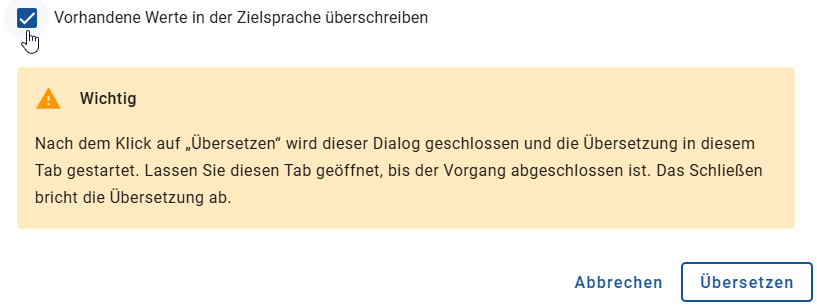 Der Screenshot zeigt die ausgewählte Option "Vorhandene Werte in der Zielsprache überschreiben" im Dialog zur Massenübersetzung.