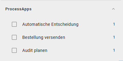 Der Screenshot zeigt die Filteroption "ProcessApps" für die Vorgänge.