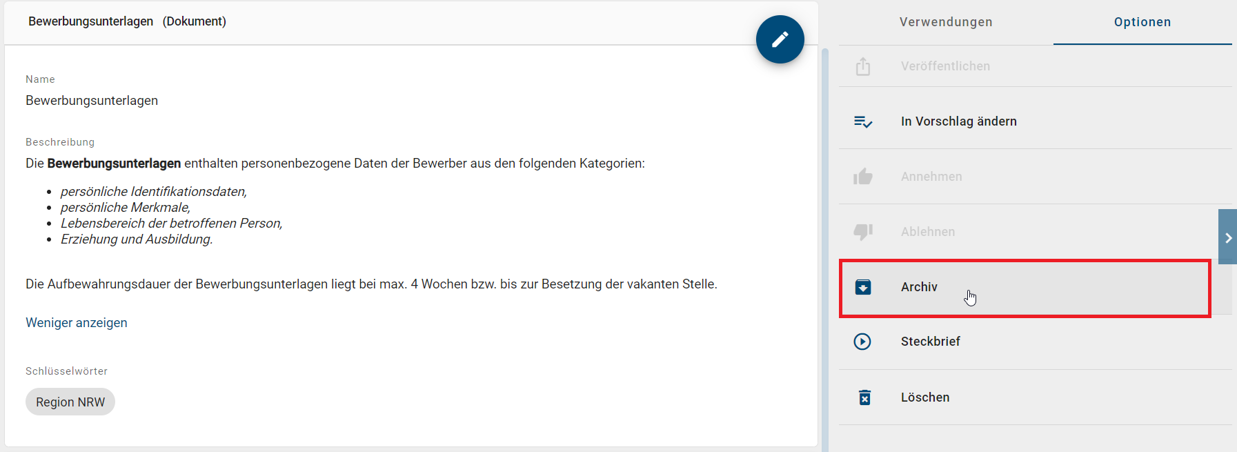 Hier wird die Option "Archiv" eines Katalogeintrags dargestellt.