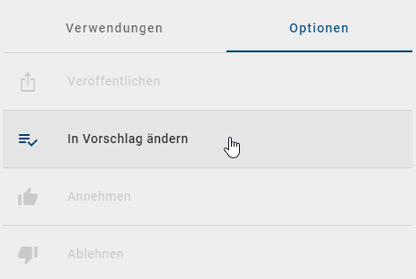 Der Screenshot zeigt das Optionsmenü eines Katalogeintrages.