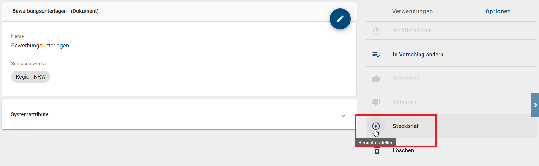 Der Screenshot zeigt die Schaltfläche "Bericht erstellen" im "Steckbrief"-Eintrag der Optionen Registerkarte.