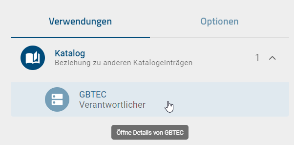 Der Screenshot zeigt die aufgeklappte Facette "Katalog" in der Registerkarte "Verwendungen" eines Katalogeintrages.