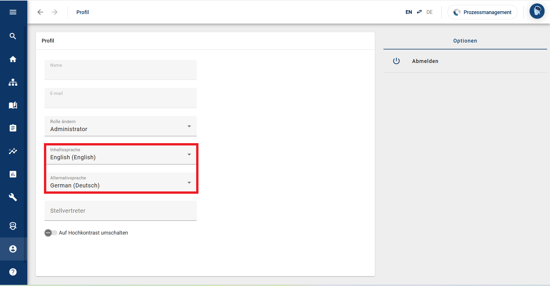Der Screenshot zeigt, dass im Menüeintrag "Profil"  die aktuell eingestellte Inhaltssprache und Alternativsprache angezeigt wird. Außerdem ist ein Dropdown-Menü zu sehen, indem die Sprache ausgewählt werden kann.