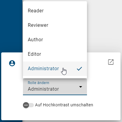 Hier wird das Auswählen einer anderen Benutzerrolle im Drop-down Menü demonstriert.