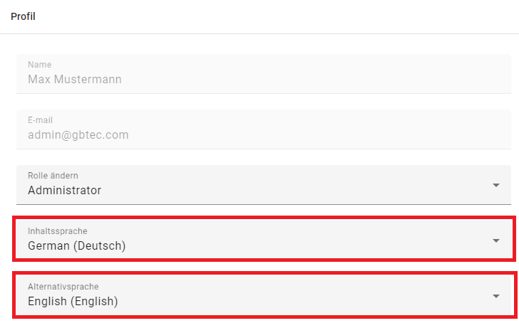 Hier wird das Profil mit den Einstellmöglichkeiten "Inhaltssprache" und "Alternativsprache" angezeigt.