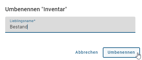 Der Screenshot zeigt die Auswahlmöglichkeiten "Abbrechen" und "Umbenennen".