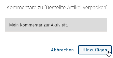 Der Screenshot zeigt das Dialogfenster für einen Objektkommentar mit der Option "Hinzufügen".