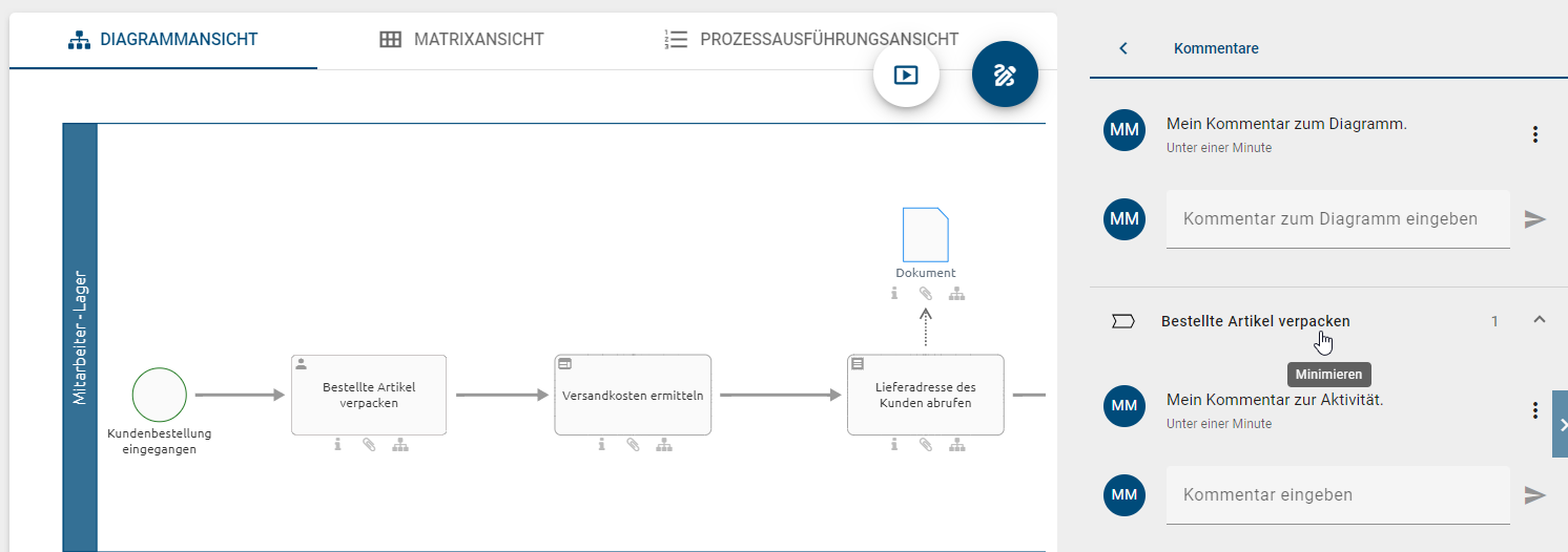 Der Screenshot zeigt ein Diagramm mit geöffneter Kommentarleiste. In der Kommentarleiste ist die Kommentargruppe zu einem Objekt geöffnet.