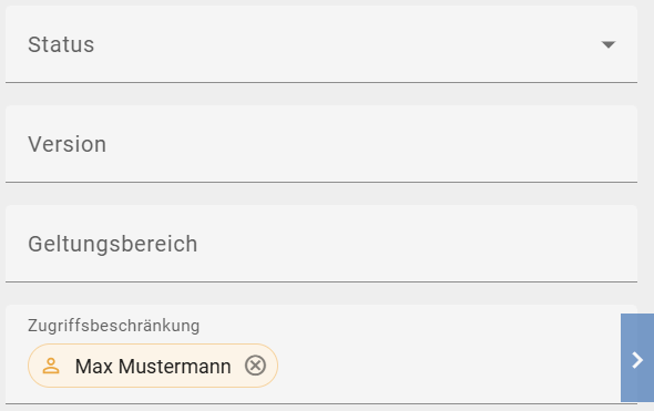 Der Screenshot zeigt das Eingabefeld "Zugriffsbeschränkung" in den Details eines ausgecheckten Diagramms in BIC Process Design.